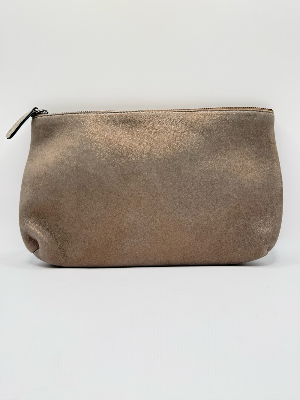 Brunello Cucinelli Metallic Suede Leather Zip Pouch Clutch Taupe Beige Italy Lux